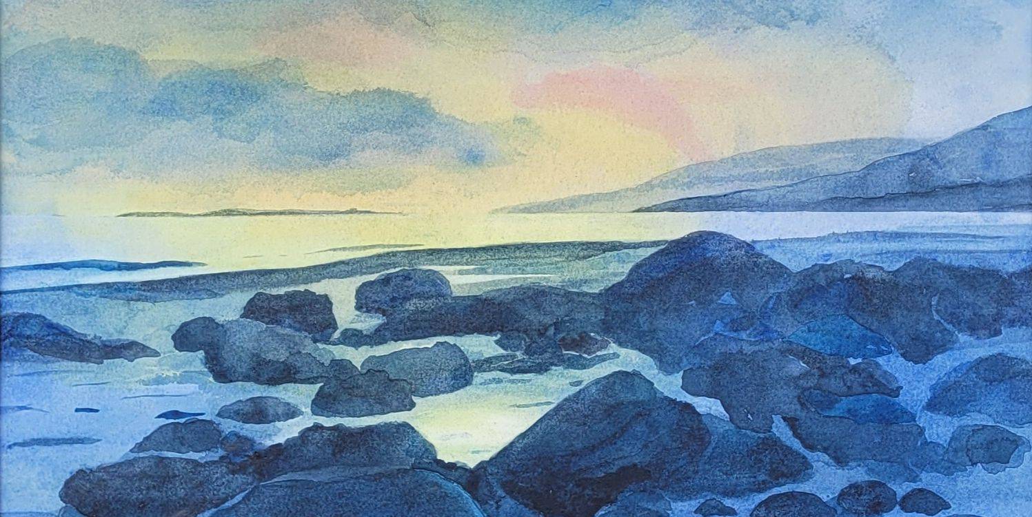 Dark versus Light watercolor painting of sunset behind dark rocks along the shore