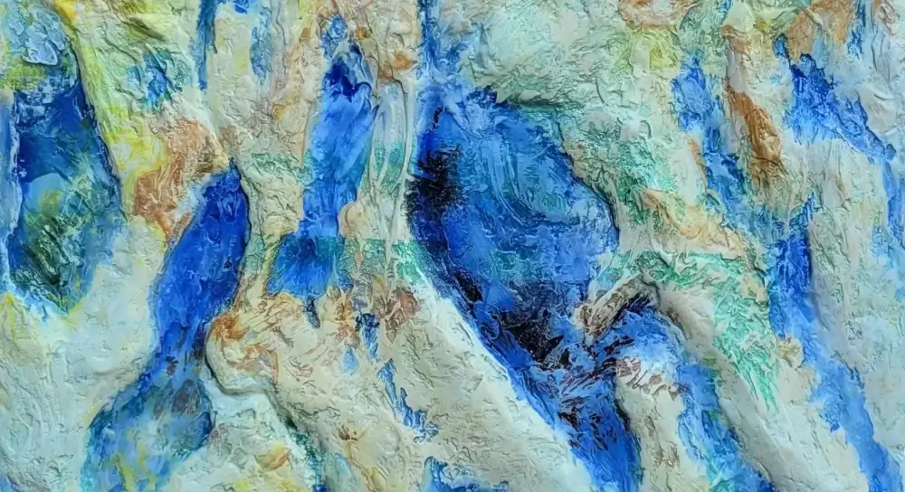 three dimensional watercolor painting of tide pools using yellow, white, sienna, viridian, and ultramarine blue