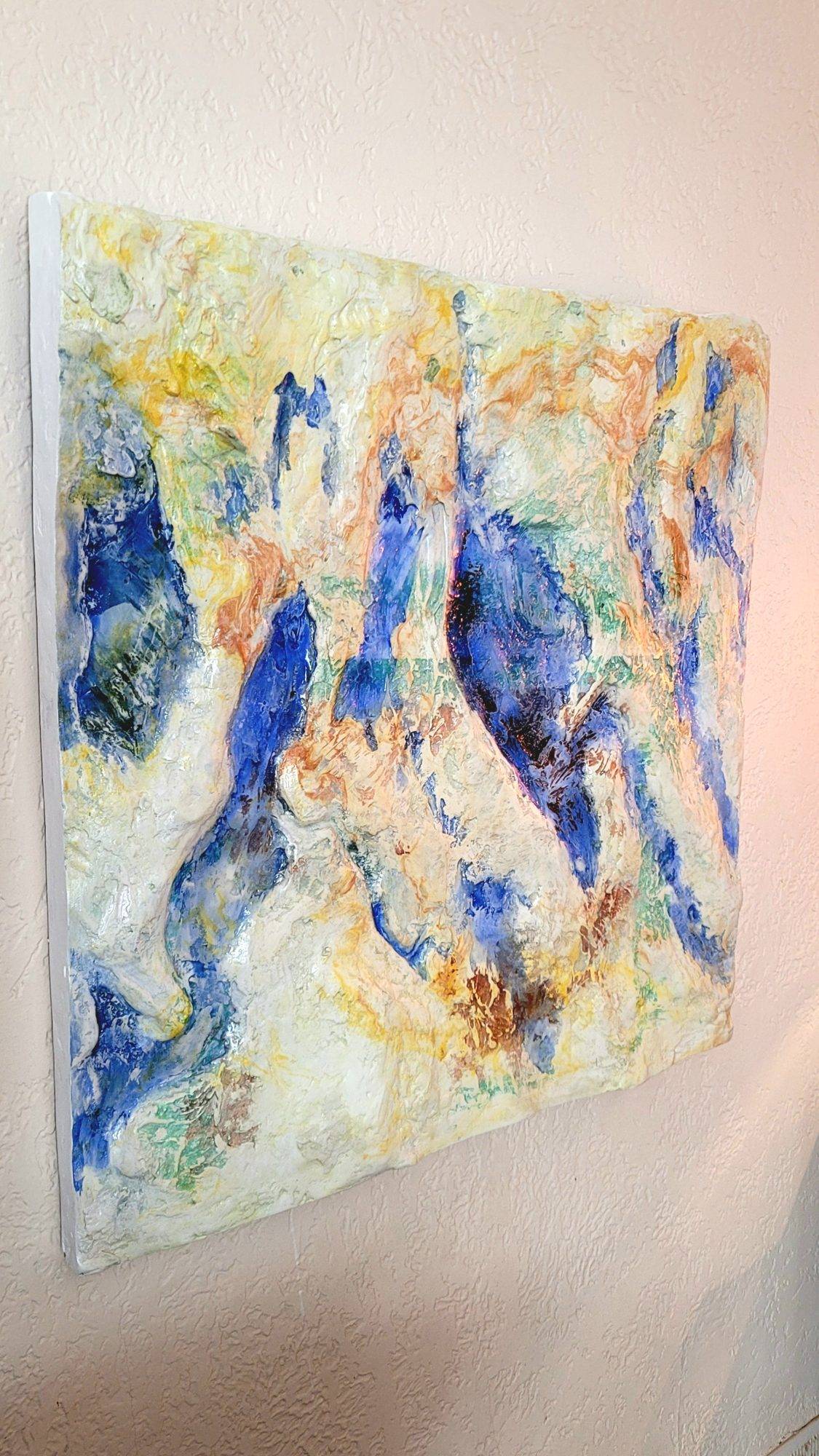 three dimensional watercolor painting of tide pools using yellow, white, sienna, viridian, and ultramarine blue
