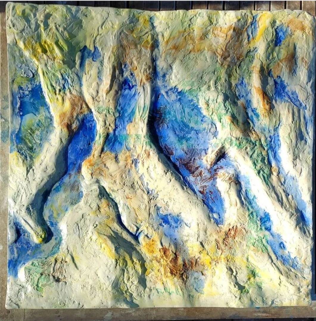 three dimensional watercolor painting of tide pools using yellow, white, sienna, viridian, and ultramarine blue
