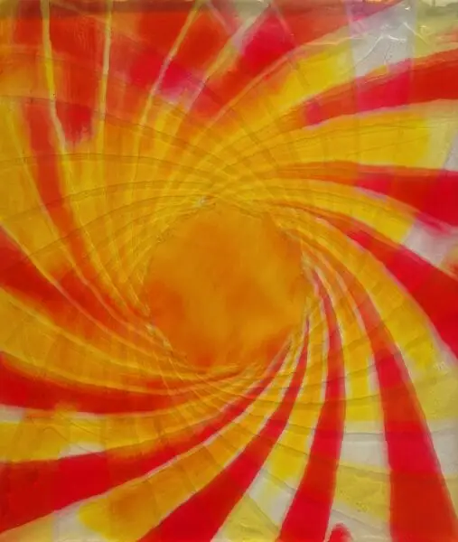 yellow spiral unwinding clockwise and red spiral unwinding clockwise with trace pattern unwinding counter-clockwise from yellow and red circle in middle