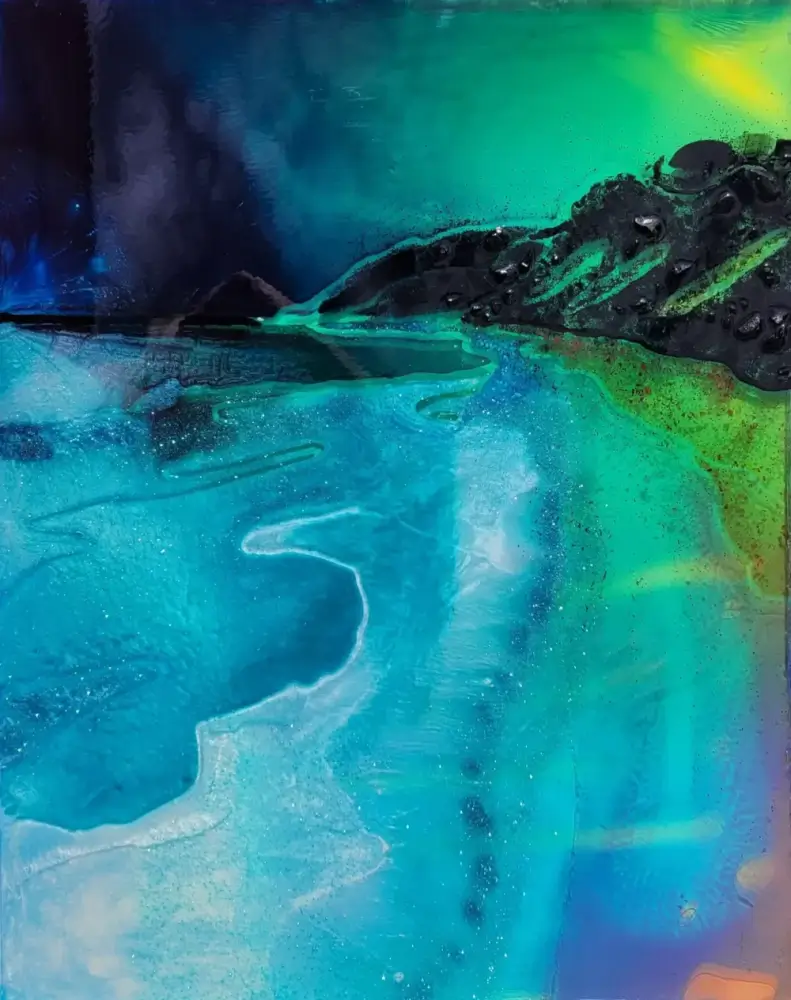 "Bioluminescence", 23" x 28" x 0.5" transparent resin painting Night beach scene of bioluminescent surf with mountains and dark horizon
